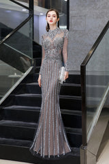 Elegant High Neck Long Sleeved Evening Dress Mermaid with Beadings & Rhinestones-ballbellauk