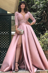 Elegant Lace Prom Dress Long Split On Sale 3/4 Sleeves-ballbellauk