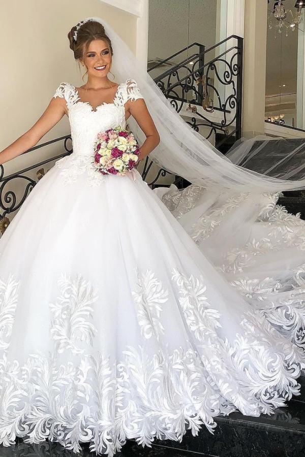 Elegant Long Cap Sleeves Princess Tulle Lace Wedding Dress UK-ballbellauk