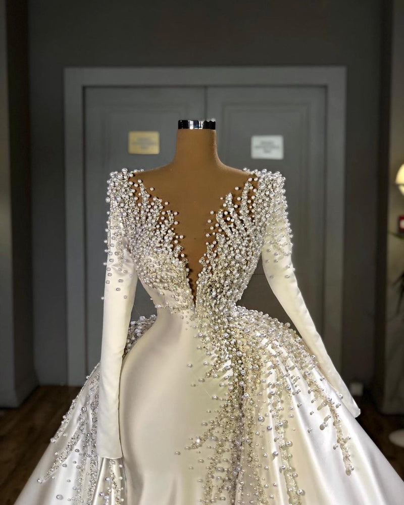 Elegant Long Sleeve Pearls Wedding Dress V-Neck With Detachable Train On Sale-ballbellauk