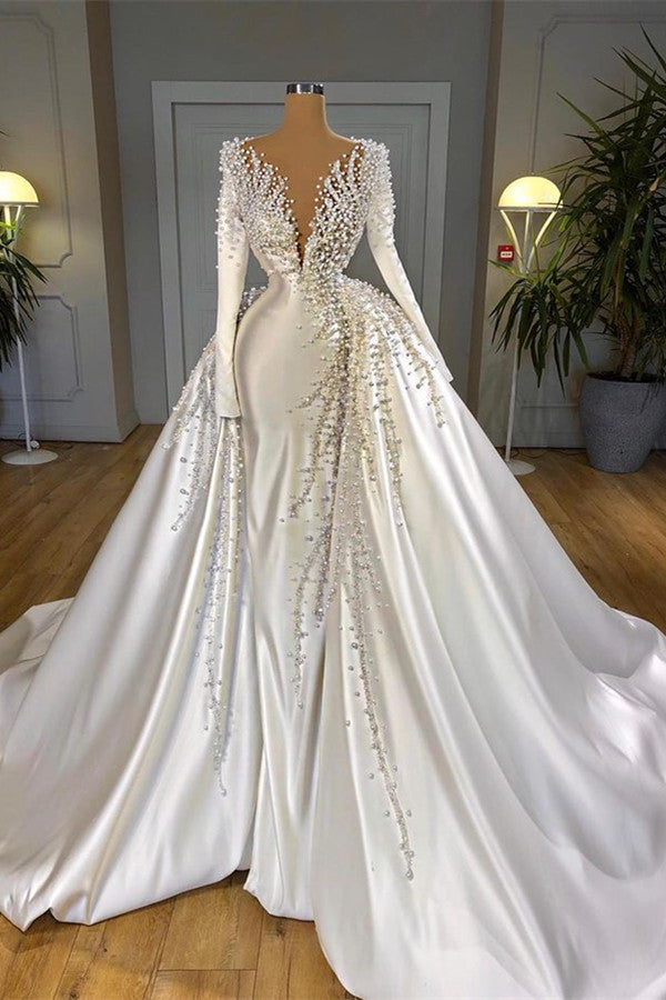 Elegant Long Sleeve Pearls Wedding Dress V-Neck With Detachable Train On Sale-ballbellauk