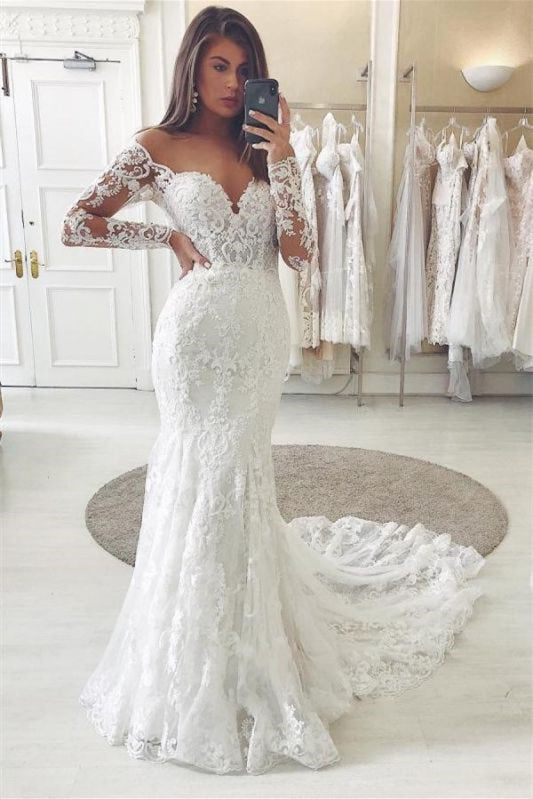 Elegant Long Sleeves V-Neck Lace Off-The-Shoulder Wedding Dress UK With Appliques-ballbellauk