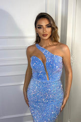 Elegant Mermaid Evening Dress - Sparkly Blue High Neck With Split-ballbellauk