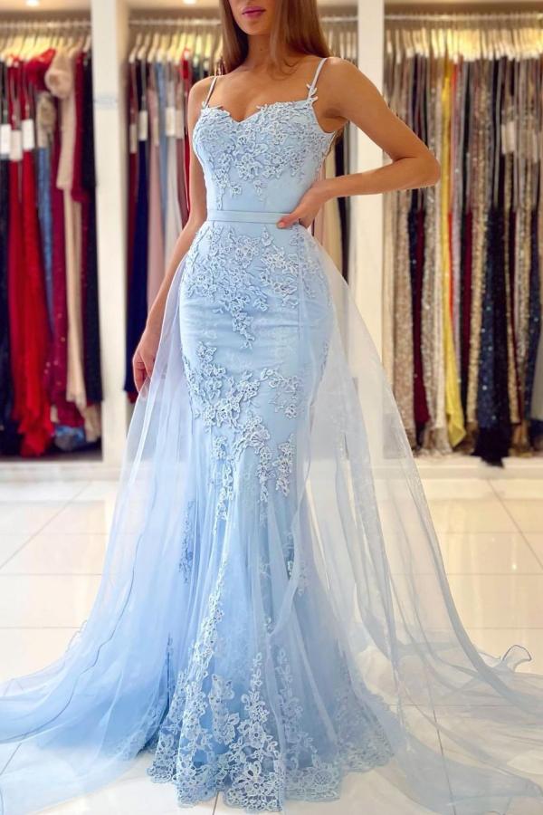 Elegant Mermaid Evening Dress With Lace Appliques Ruffles Spaghetti-Straps-ballbellauk