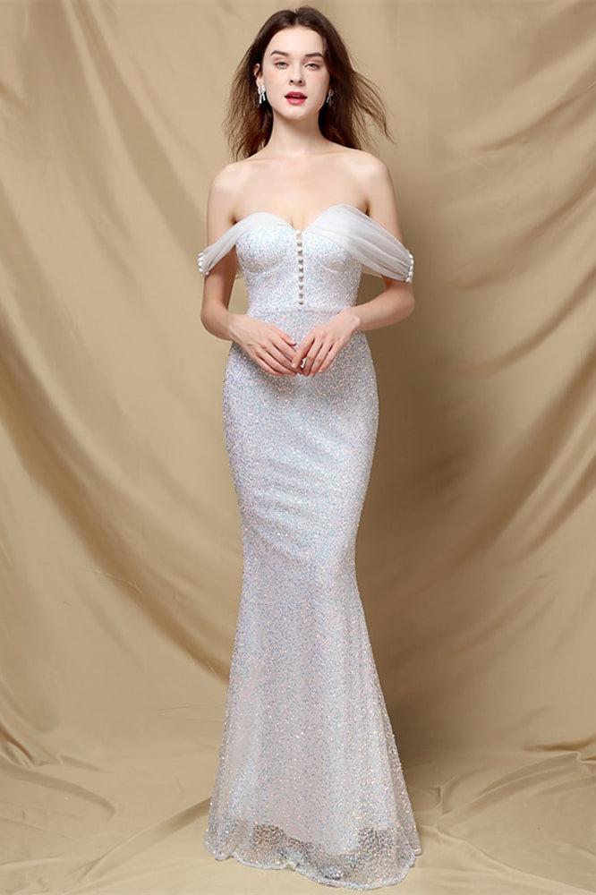 Elegant Off-The-Shoulder Mermaid Sequins Prom Dress UK With Sweetheart Buttons-ballbellauk