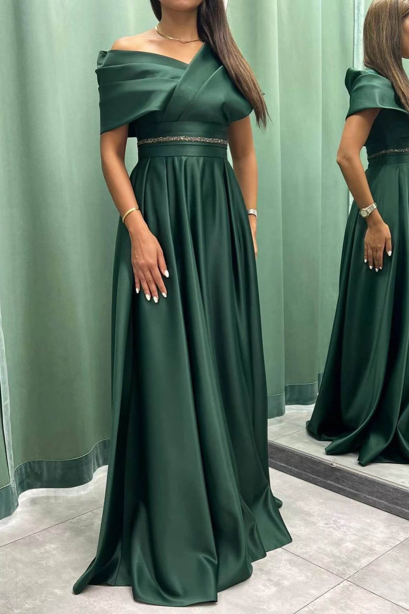 Elegant Off-The-Shoulder Pleated Long Evening Dress-ballbellauk