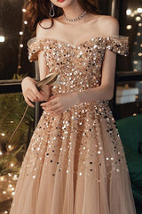 Elegant Off-The-Shoulder Sweetheart Sequins Long Evening Dress - Champagne-ballbellauk