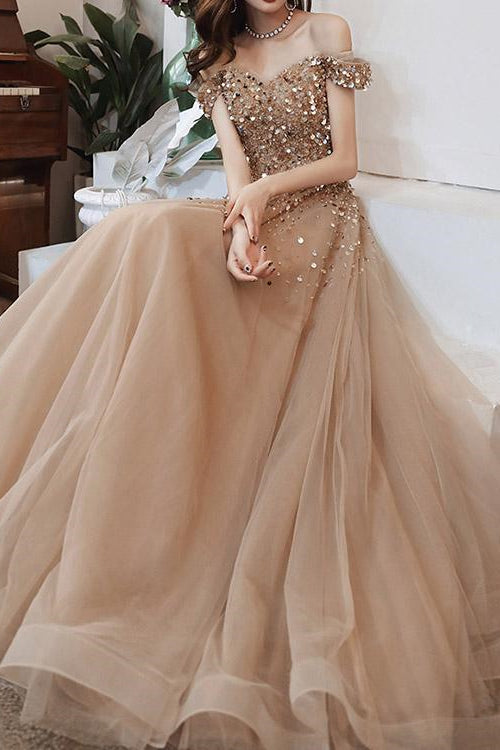 Elegant Off-The-Shoulder Sweetheart Sequins Long Evening Dress - Champagne-ballbellauk