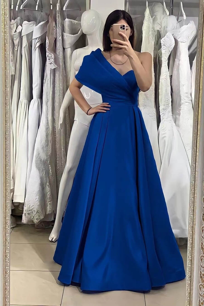 Elegant One Shoulder Sweetheart Evening Dress With Off-The-Shoulder in Royal Blue-ballbellauk