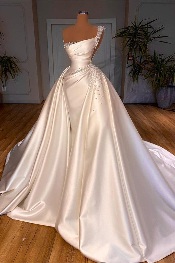 Elegant Pearl Wedding Dress Overskirt Bridal Gowns On Sale One Shoulder-ballbellauk