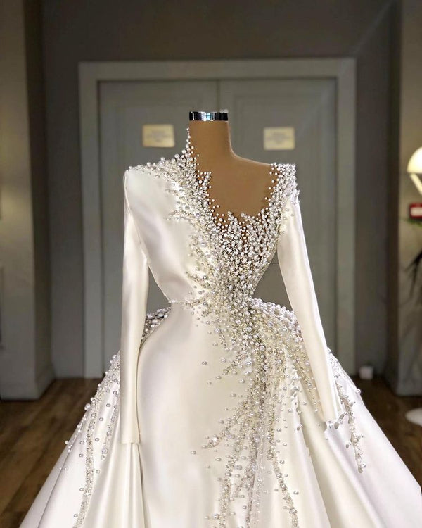 Elegant Pearls Wedding Dresses Mermaid With Detachable Train Long Sleeves-ballbellauk