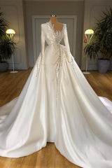 Elegant Pearls Wedding Dresses Mermaid With Detachable Train Long Sleeves-ballbellauk