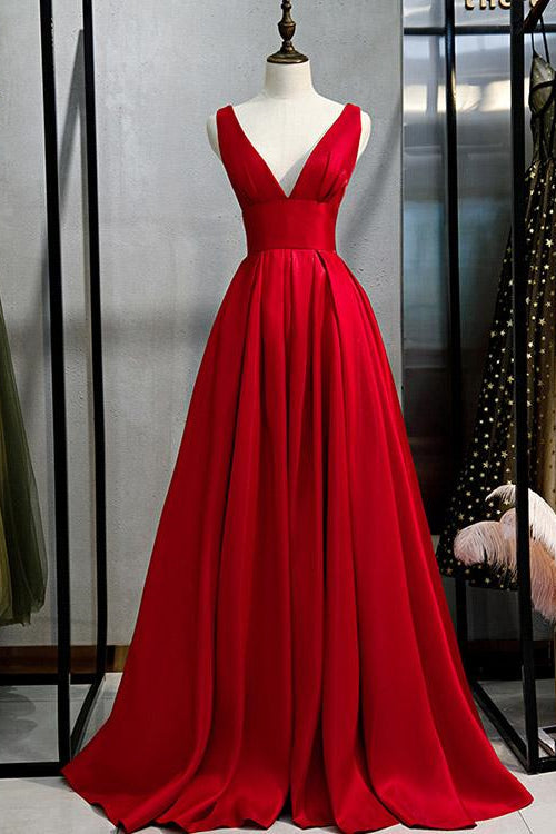 Elegant Red V-neck A-Line Prom Dress UK with Sleeveless - Shop Online-ballbellauk