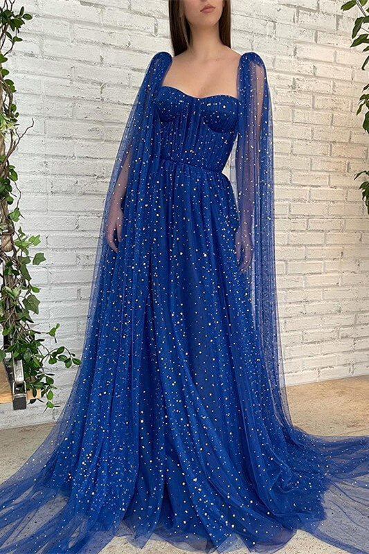 Elegant Royal Blue Tulle Long Evening Dress with Beads and Ruffles-ballbellauk