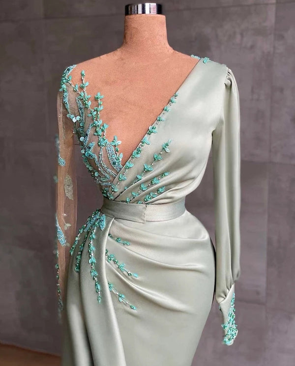 Elegant Sage Mermaid Evening Dress With Long Sleeves Appliques-ballbellauk