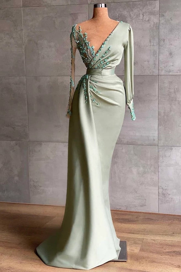 Elegant Sage Mermaid Evening Dress With Long Sleeves Appliques-ballbellauk