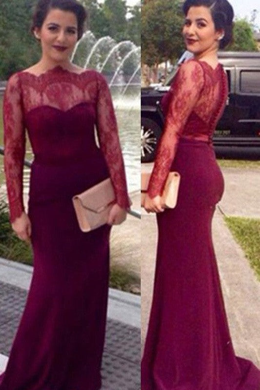 Elegant Scoop Long Sleeves Lace Long Stretch Crepe Prom Dress-ballbellauk