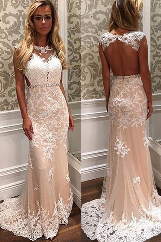 Elegant Scoop Sleeveless With Appliques Tulle Prom Dress-ballbellauk