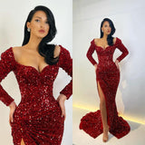 Elegant Sequins Mermaid Ball Dresses Split Prom Dresses Long Sleeves-ballbellauk