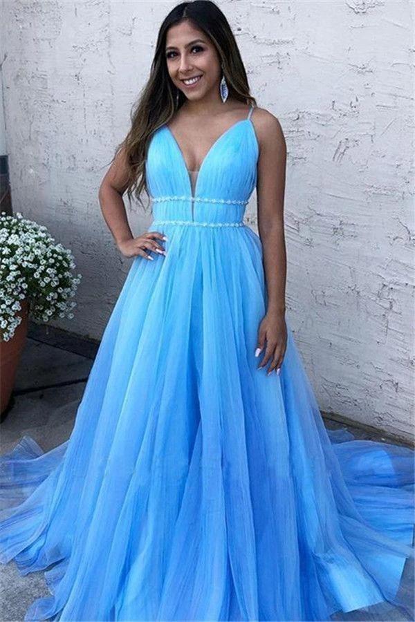 Elegant Sky Blue Long Tulle Evening Dress-ballbellauk