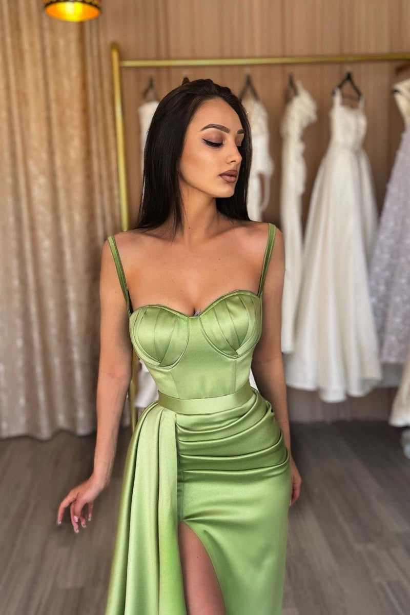 Elegant Spaghetti-Straps Prom Dress Mermaid Split Long Sage Green-ballbellauk