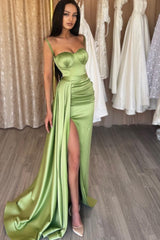 Elegant Spaghetti-Straps Sage Green Evening Dresses Mermaid Slit Long-ballbellauk