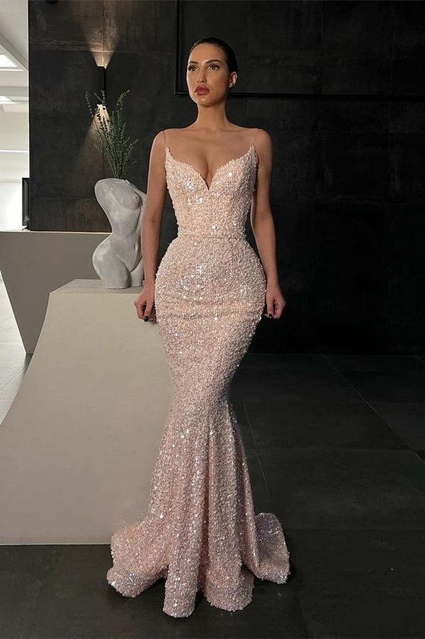 Elegant Spaghetti-Straps Sequins Evening Dresses Mermaid Sleeveless-ballbellauk