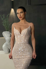 Elegant Spaghetti-Straps Sequins Mermaid Evening Dress Long On Sale-ballbellauk