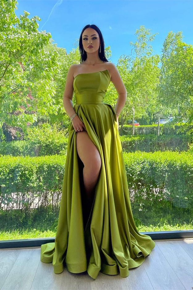 Elegant Strapless A-Line Green Prom Dress UK With Split-ballbellauk