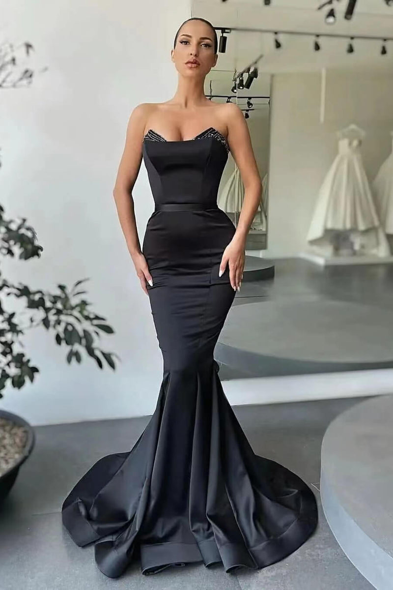 Elegant Strapless Mermaid Sleeveless Prom Dress UK with Beads - Black-ballbellauk