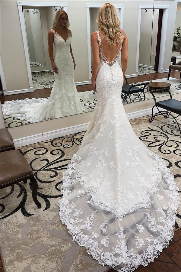 Elegant Straps V-Neck Backless Mermaid Wedding Dress UK with Appliques-ballbellauk