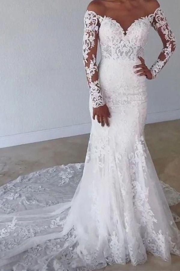 Elegant Sweetheart Lace Sleeves Long Mermaid Wedding Dress UK-ballbellauk