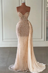 Elegant Sweetheart Mermaid Evening Dress with Ruffles and Beadings - Champagne-ballbellauk