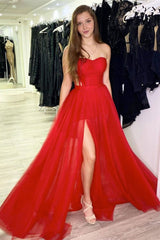 Elegant Sweetheart Red Evening Dresses with Slit-ballbellauk