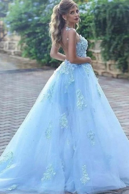 Elegant Tulle Ball Dress Appliques Bateau Sleeveless Prom Dress-ballbellauk