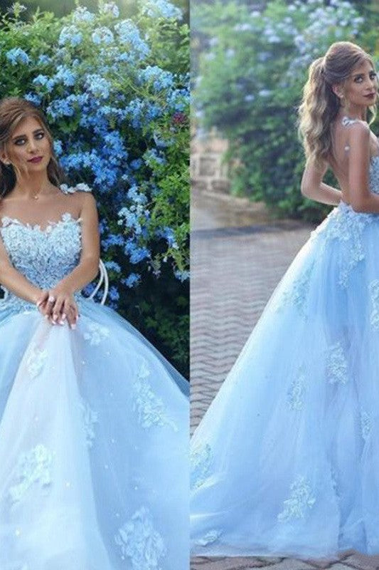 Elegant Tulle Ball Dress Appliques Bateau Sleeveless Prom Dress-ballbellauk