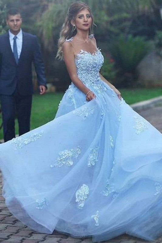 Elegant Tulle Ball Dress Appliques Bateau Sleeveless Prom Dress-ballbellauk