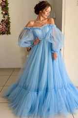 Elegant Tulle Ball Dress Appliques Off-the-Shoulder Long Sleeves Long Prom Dress-ballbellauk