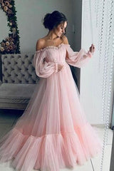 Elegant Tulle Ball Dress Appliques Off-the-Shoulder Long Sleeves Long Prom Dress-ballbellauk