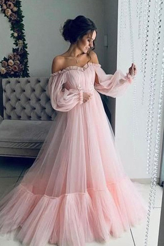 Elegant Tulle Ball Dress Appliques Off-the-Shoulder Long Sleeves Long Prom Dress-ballbellauk