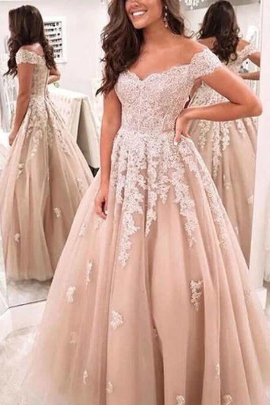 Elegant Tulle Ball Dress Appliques Off-the-Shoulder Sleeveless Long Prom Dress-ballbellauk