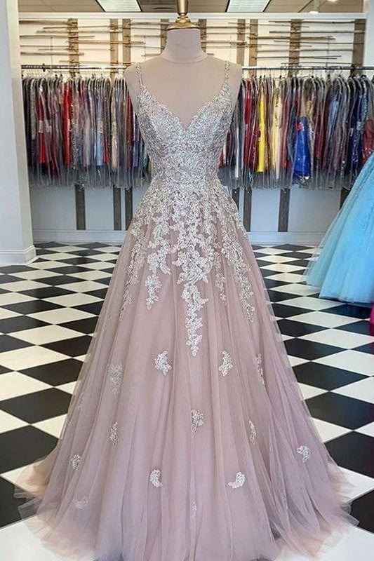 Elegant Tulle Ball Dress Appliques Sleeveless Prom Dress V-Neck Online-ballbellauk