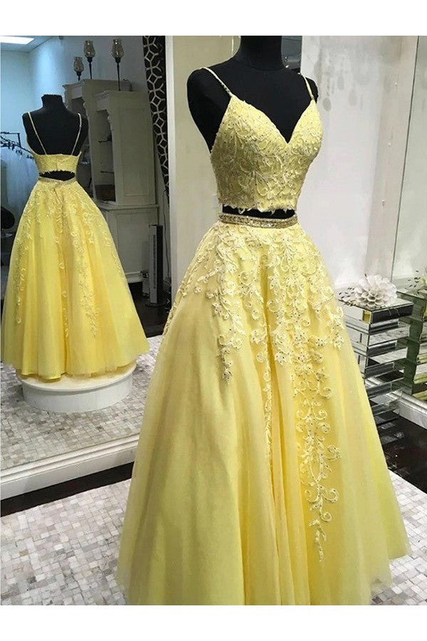 Elegant Tulle Ball Dress Appliques Sleeveless V-neck Long Two Piece Prom Dress-ballbellauk