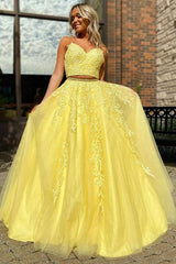 Elegant Tulle Ball Dress Appliques Sleeveless V-neck Long Two Piece Prom Dress-ballbellauk