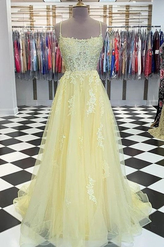 Elegant Tulle Ball Dress Appliques Spaghetti-Straps Sleeveless Prom Dress-ballbellauk