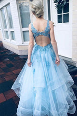 Elegant Tulle Ball Dress Appliques V-neck Sleeveless Long Prom Dress-ballbellauk