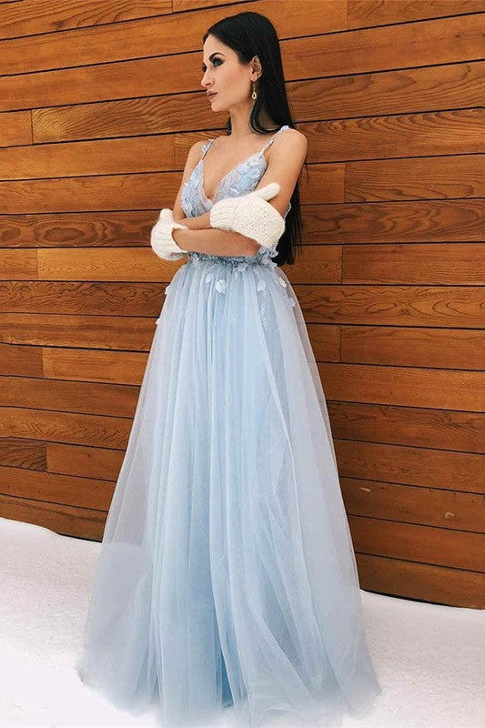 Elegant Tulle Ball Dress Appliques V-neck Sleeveless Long Prom Dress-ballbellauk