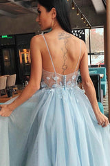 Elegant Tulle Ball Dress Appliques V-neck Sleeveless Long Prom Dress-ballbellauk