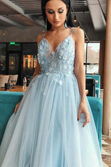 Elegant Tulle Ball Dress Appliques V-neck Sleeveless Long Prom Dress-ballbellauk