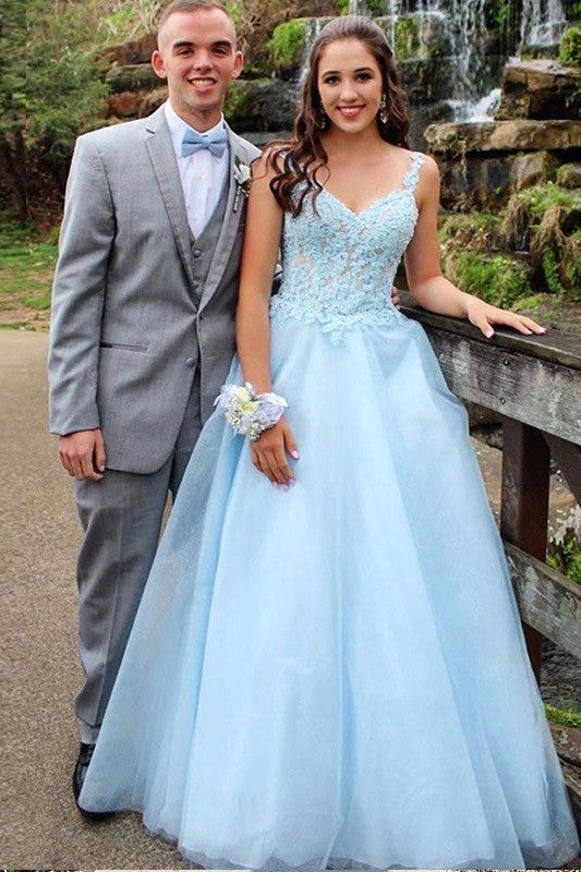 Elegant Tulle Ball Dress Appliques V-neck Sleeveless Long Prom Dress-ballbellauk